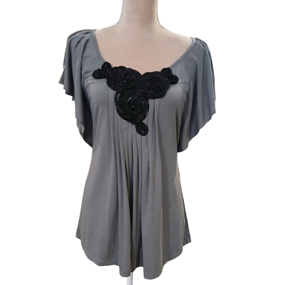 Vtg y2k Charlotte Russe Gray Flutter Sleeve Top Black Rose Juniors Size XL